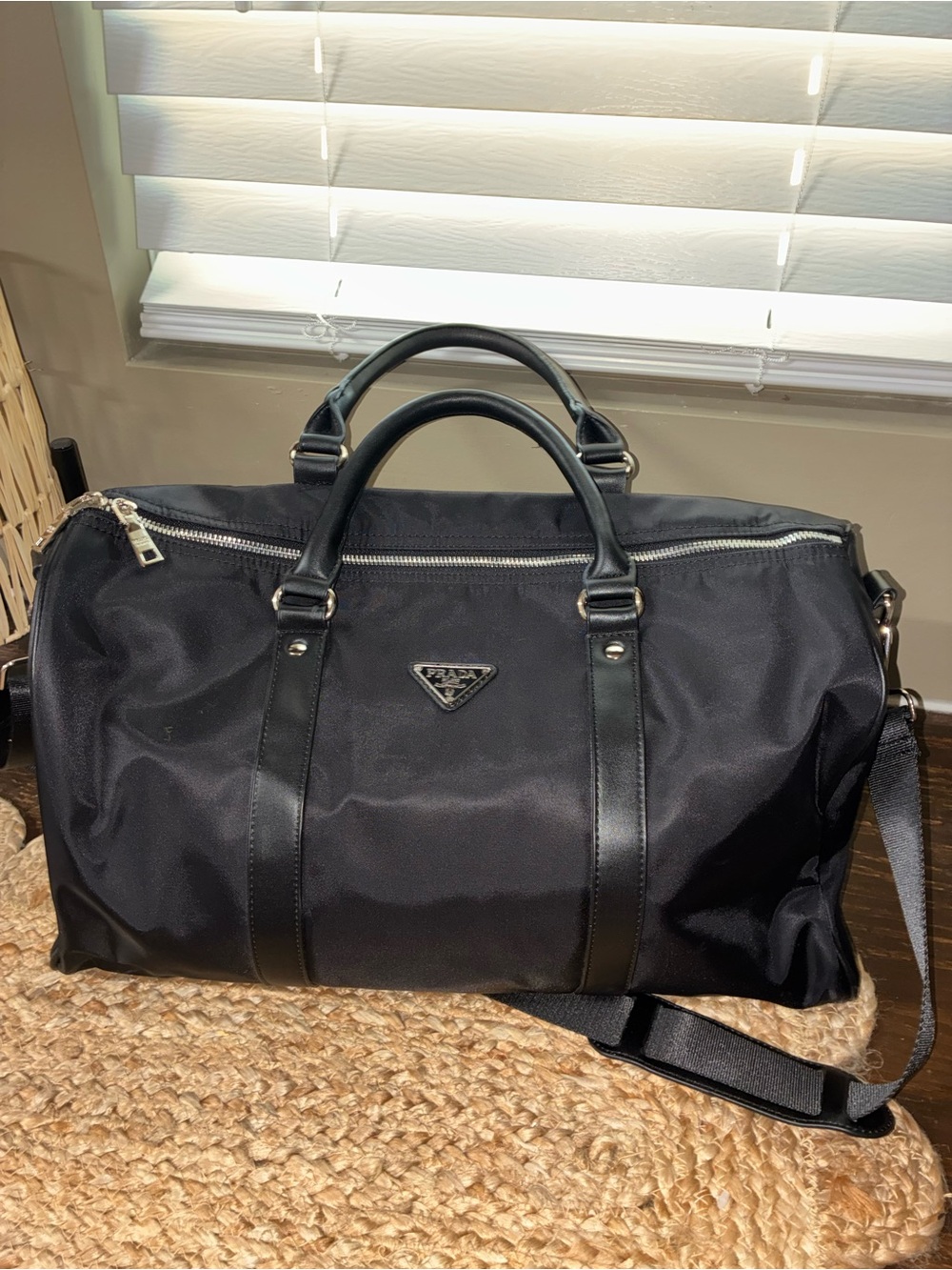 Prada Black Nylon Duffel with Leather Trim and Silver Hardware